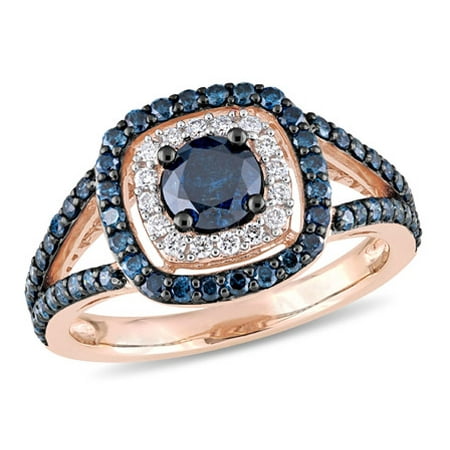 Tangelo 1-1/3 Carat T.W. Blue and White Diamond 10k Rose Gold Split-Shank Halo Engagement Ring
