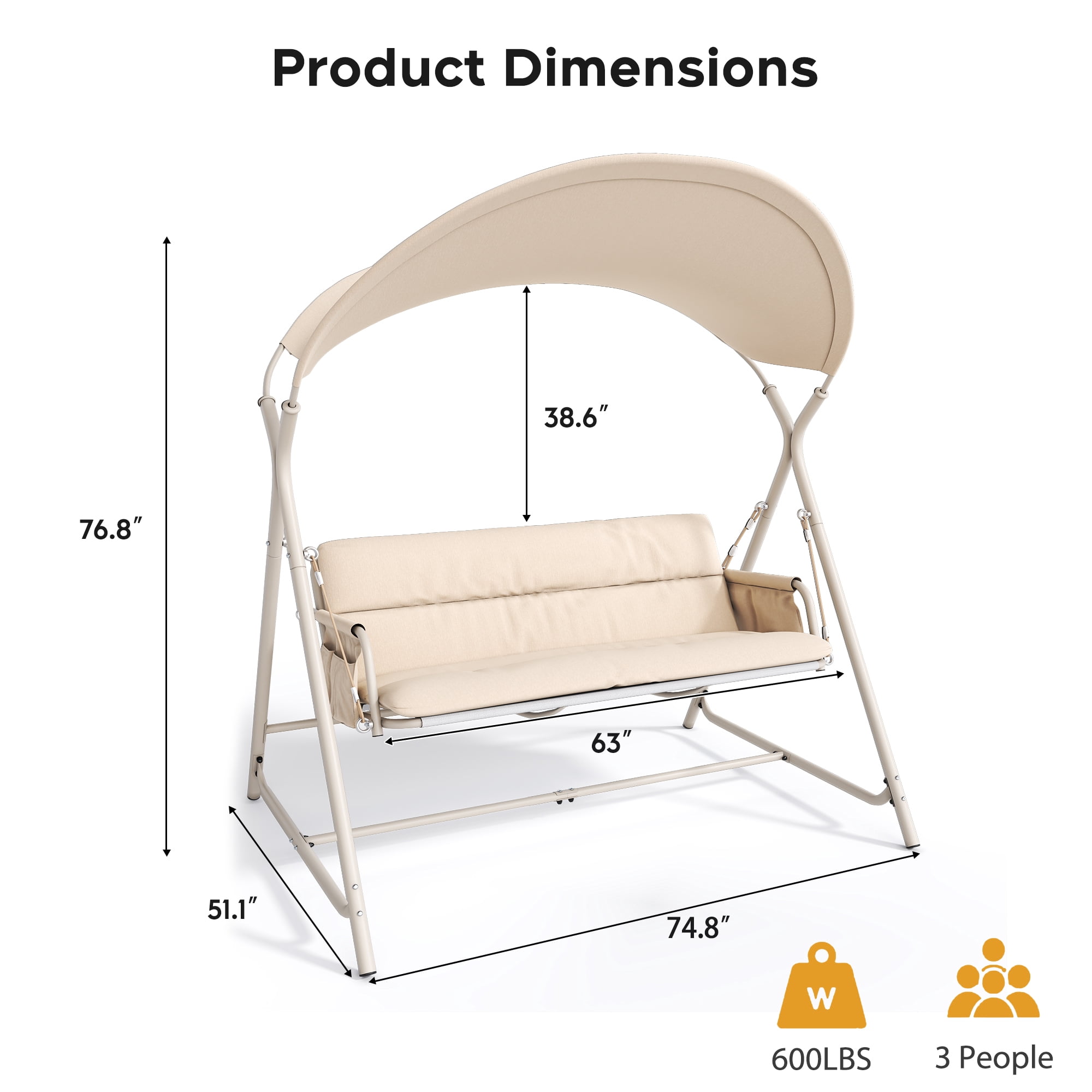 3-Person Outdoor Patio Swing Chair, Heavy-Duty Metal Frame Garden Porch Swing with Cushion