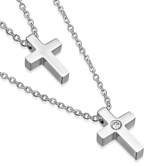 Stainless Steel Silver-Tone Double Chain White CZ Religious Cross Necklace, 18"