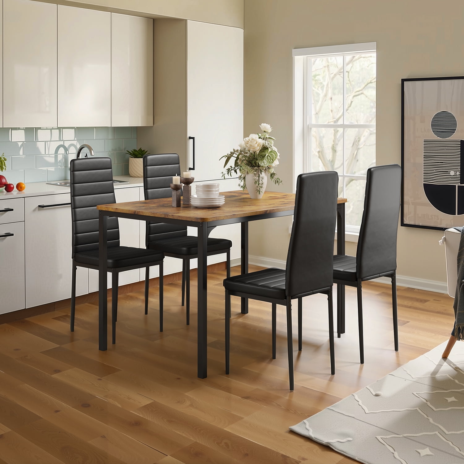 Aiho 5-Piece Dining Table Set for 4, Faux Marble Top & 4 Upholstered Chairs - Bar & Breakfast Nook, Retro
