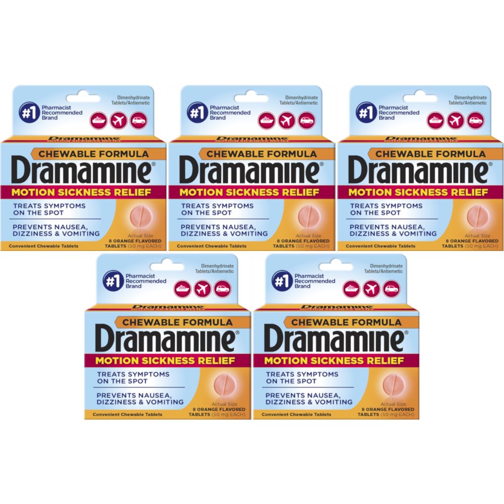 5 Pack Dramamine Motion Sickness Relief, Chewable Tablets Orange Flavor