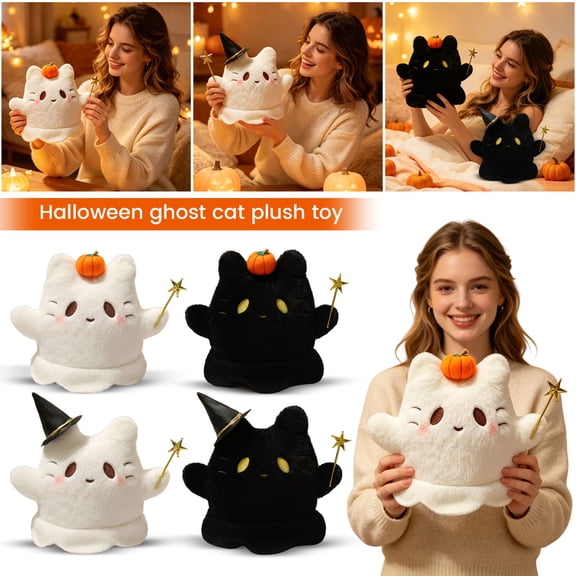 White Ghost Kitty Plush, Cat Decor for Cat Lovers with Star Wand, Cute Halloween Decor for Party