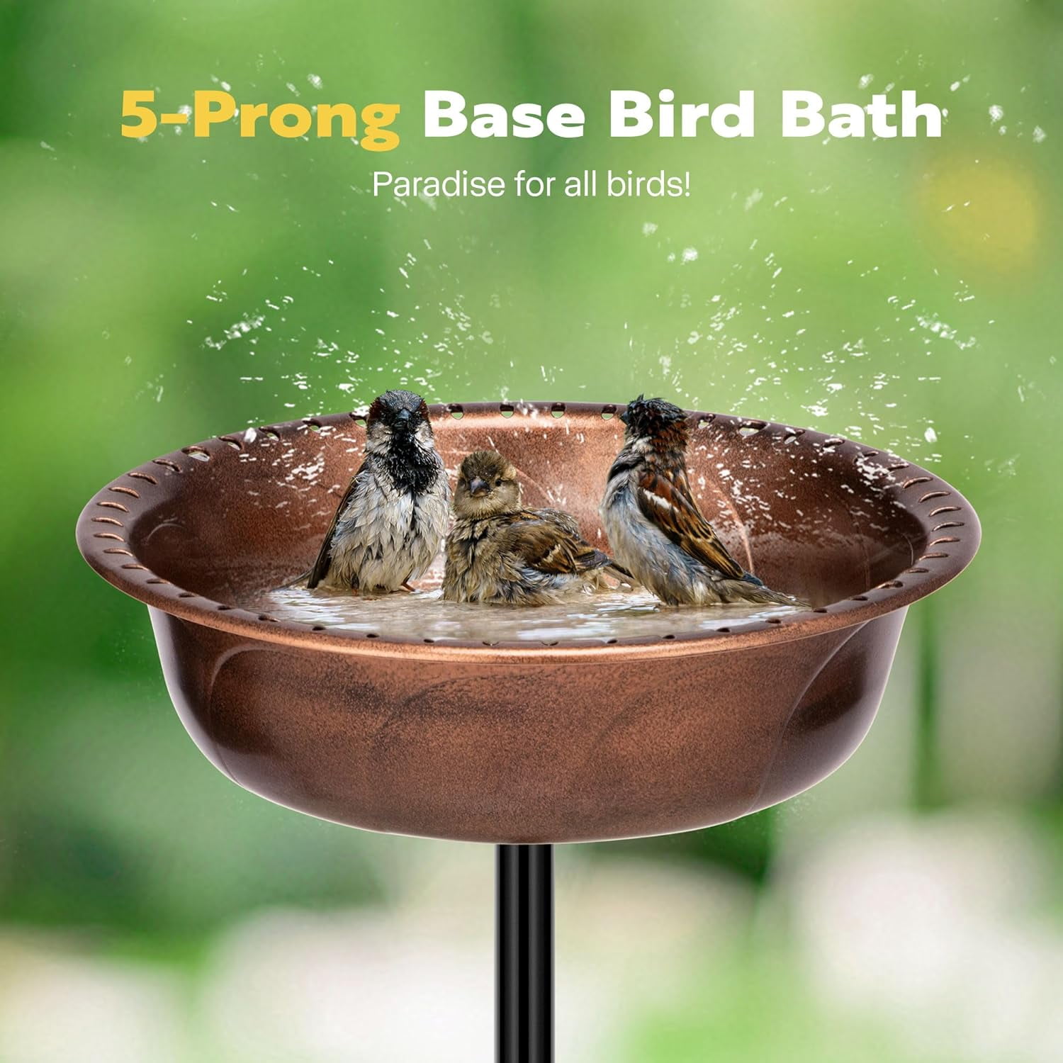 SPECSTAR Bird Bath, Polyresin Birdbath Bowl with Metal Stake, 29 inch Height Outdoor Freestanding Birdfeeder, 1.4 Gallons, 5-Pronged Base, Bronze