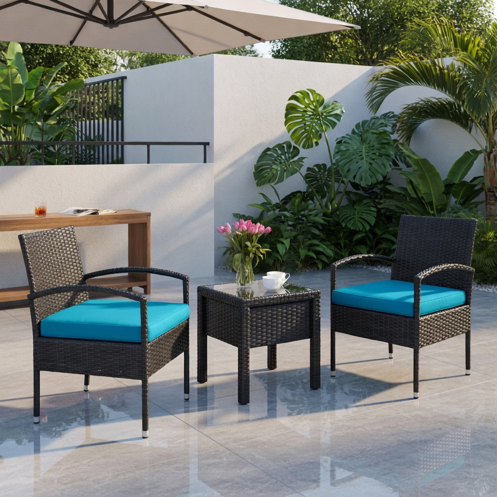 Hommoo 3-Piece Outdoor Rattan Patio Conversation Set, Wicker Chairs & Cushions with Tempered Glass Coffee Table, Turquoise