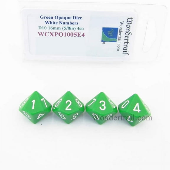 Green Opaque Dice with White Numbers D10 Aprox 16mm (5/8in) Pack of 4 Wondertrail