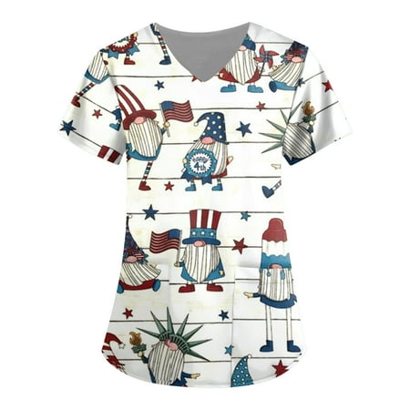 

Women s Scrubs Top V Neck Basic Tee Loose Fitting Casual Fourth Of July Flag Patterned Short Sleeve With Pocket Women s Working Uniform Nursing