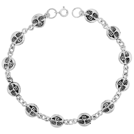 Dainty Sterling Silver Happy Face Bracelet for Women 3/8 wide 7.5 inch long