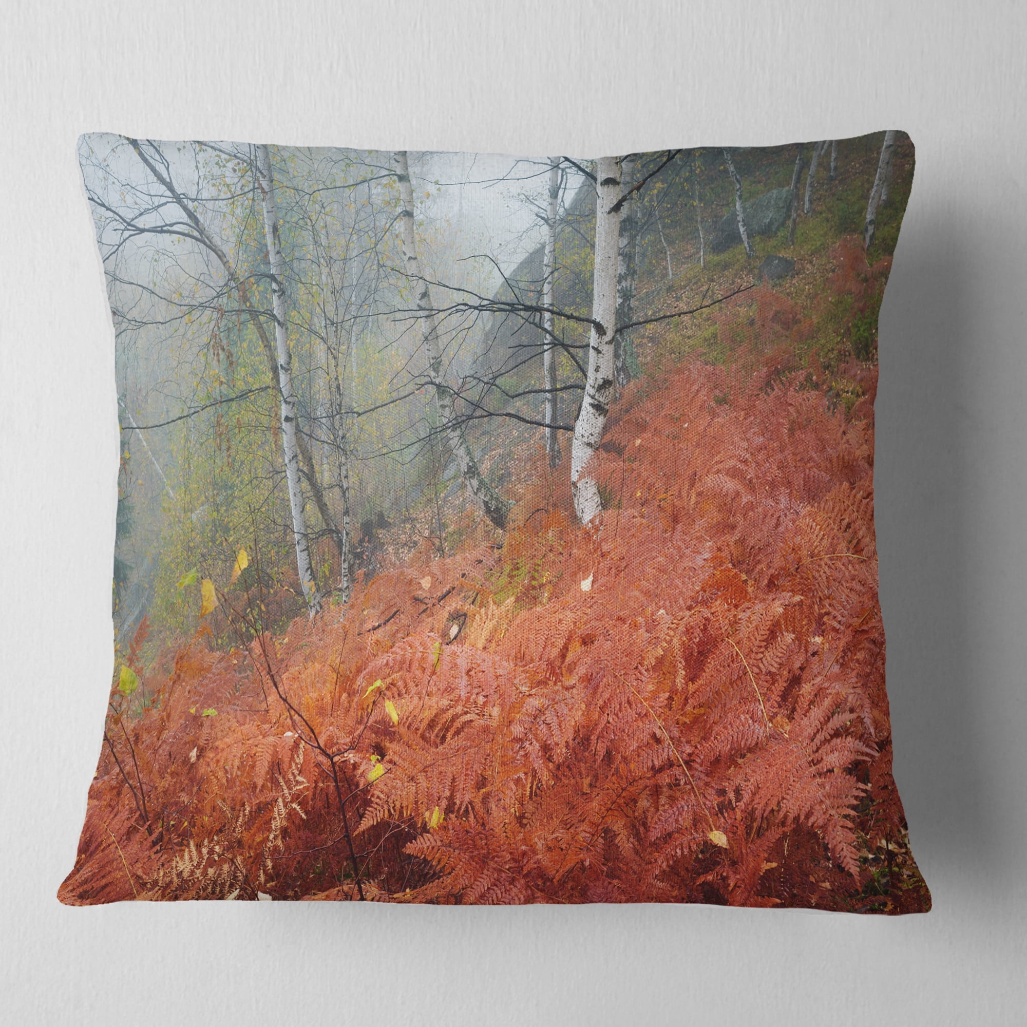 Designart Red Fern in Foggy Fall Fay - Landscape Photo Throw Pillow - 16x16