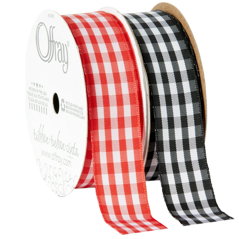 Gingham Check Ribbon in red and white printed on 5/8 White Single Face  Satin