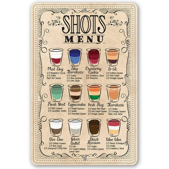 Metal Sign - Shots Menu - Durable Metal Sign - Use Indoor/Outdoor - Makes a Great Bar Decor and Housewarming Gift Under $25 (12" x 18")