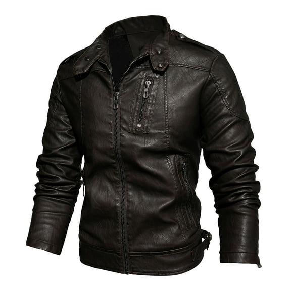 Maoxin Men's Leather Jacket Men Casual Solid Zipper Fashion Motorcycle Stand-up Collar Leather Winter Jacket Leather Jacket Men Plus Size Coffee M