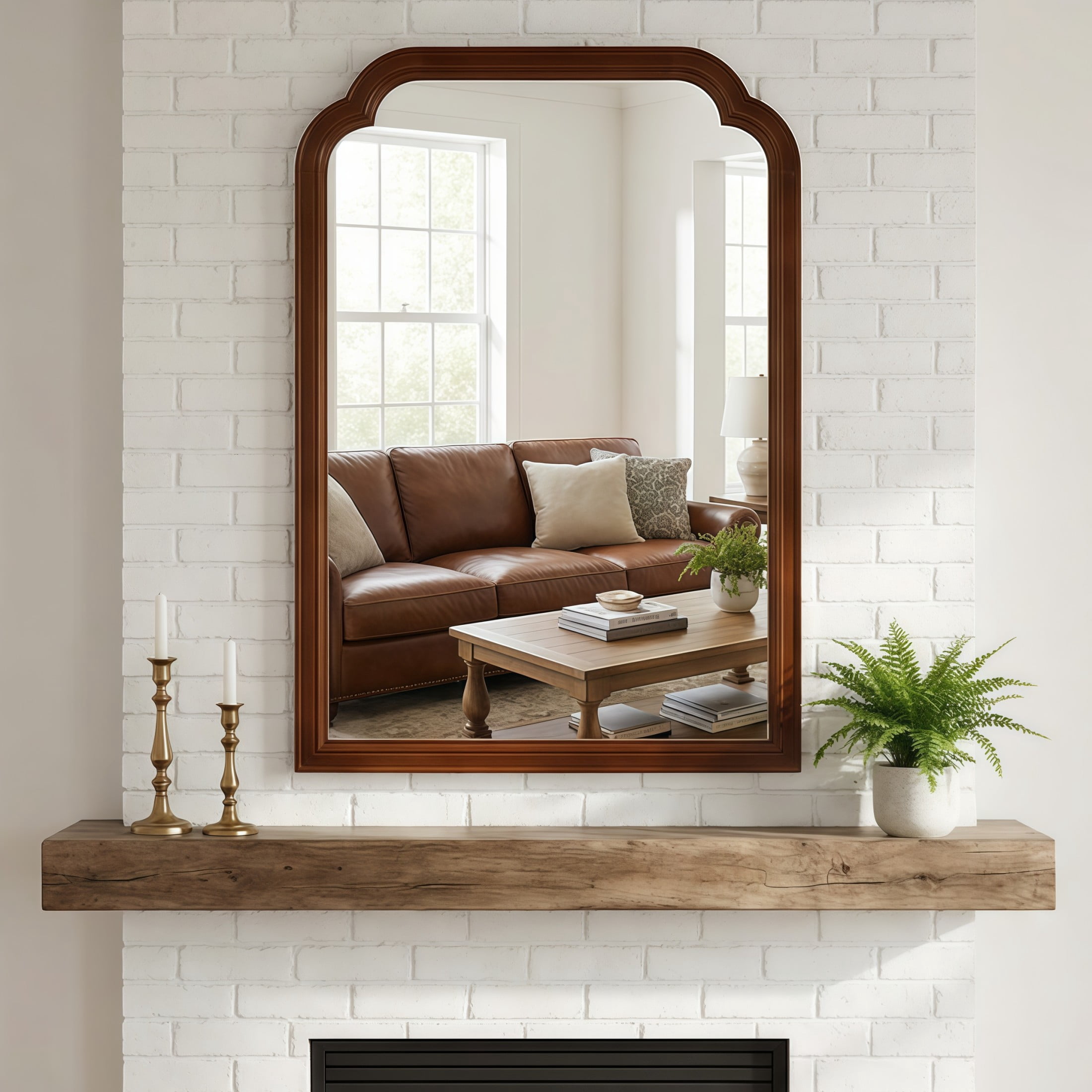 Noble House 24"x36" Rounded Corner Solid Wood Wall Mirror, Decorative Bathroom Rectangle Accent Mirror, Walnut
