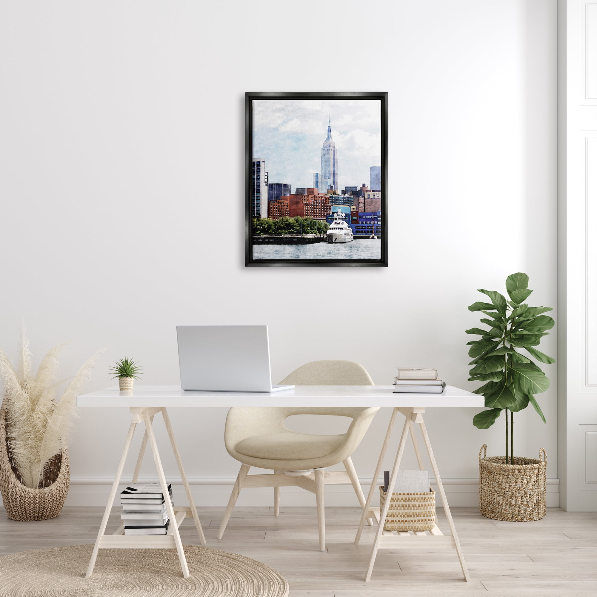 Stupell Industries New York Pier Metropolis Skyline Town & City Painting Black Floater Framed Art Print Wall Art