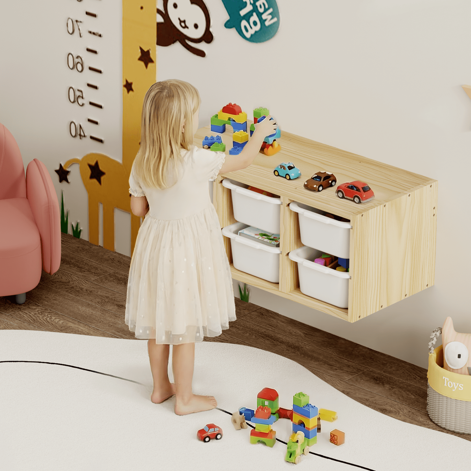 HAIDAIYA Wood kids toy storage organizer with 6 Bins Wall Mounted Space-Saving Hanging Toy Box for Nursery & Playroom (Natural)