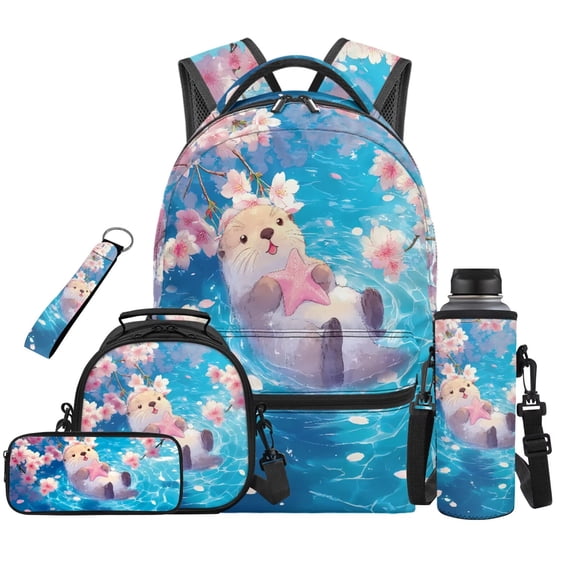 HUIACONG 5Pcs Cute Cherry Otter Kids Backpack Set, 17 Inch Lightweight School Backpack with Lunch Bag, Pencil Case, Water Bottle Sleeve, Keychain