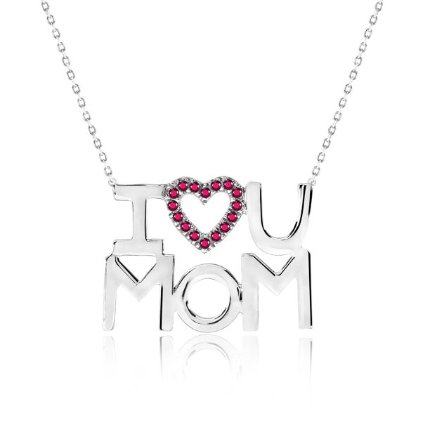 JeenMata Collar con Colgante de Corazón Abierto Adornado con Piedra Roja "Te Amo Mamá" en Oro Blanco de 18 K sobre Plata - Piedra Natal de Enero - Regalo para Mamá