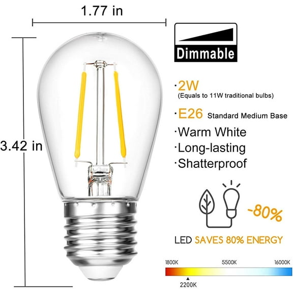 Shatterproof S14  LED Light Bulbs, 2W, Warm White 2200K, Outdoor String Lights Vintage Edison Bulb, E26 Medium Base, 15-Pack
