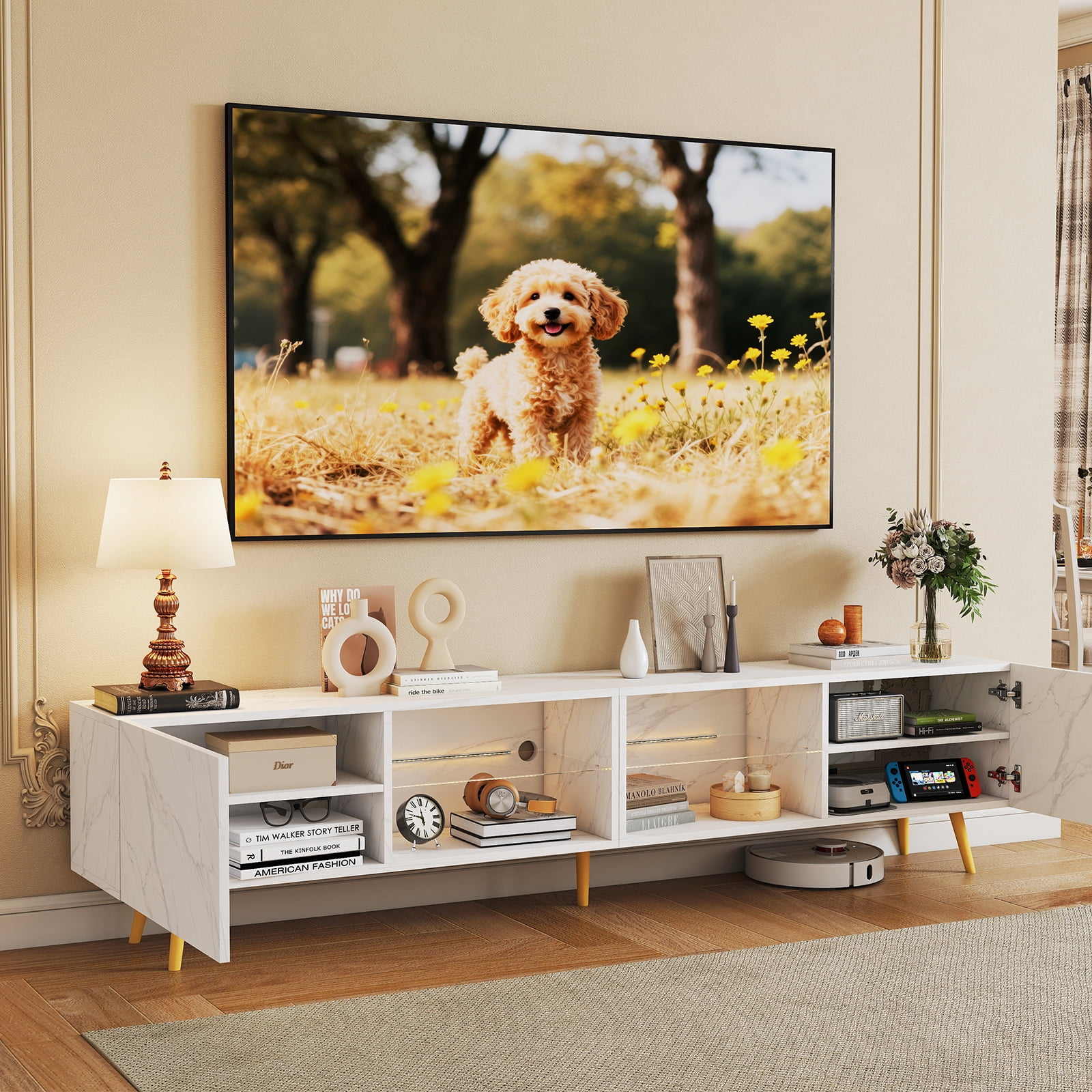 Bonzy Home 86" TV Stand, Television Console Table for 85" TV, Modern Entertainment Center with Storage Cabinets for Living Room