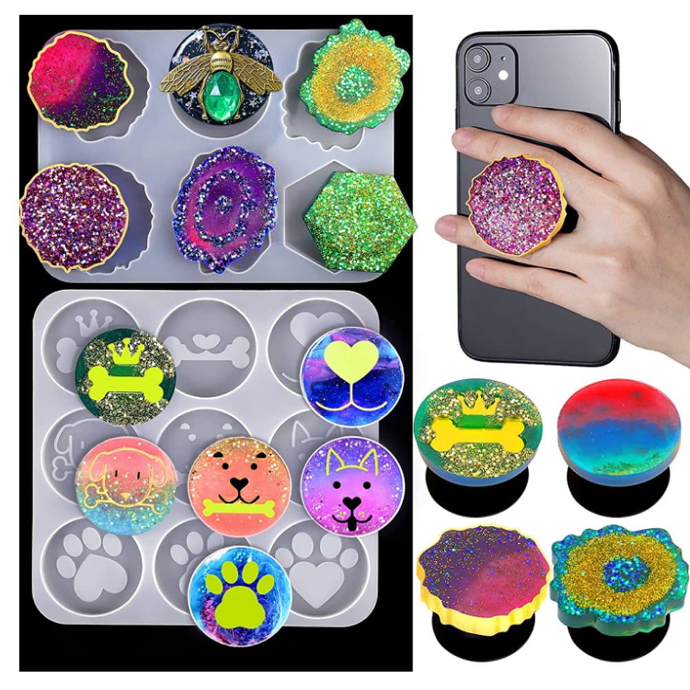 Irregular Round 6-Cavity Epoxy Resin Silicone Mould Cell Phone Socket Holder Mould DIY Phone Stand Grip Top Mold Kit 6Mold and 6Stand 