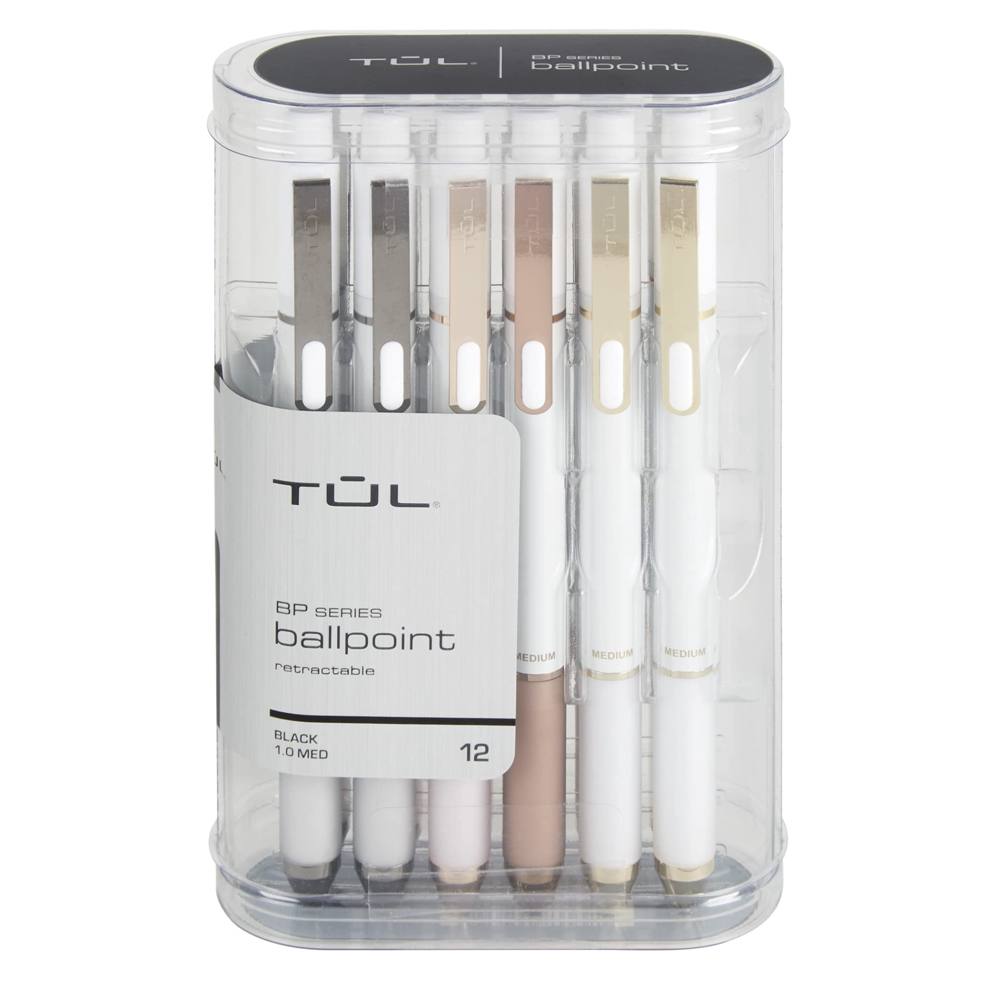 TUL® BP Series Retractable Ballpoint Pens, Medium Point, 1.0 mm, Pearl White Barrel, Black Ink, Pack Of 12 Pens