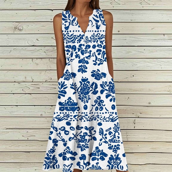 Uscallm Women Plus Size V Neck Sleeveless Boho Floral Flowy Casual A-Line Midi Beach Dresses with Elastic Waist Summer Vacation Sundresses, Light Blue S