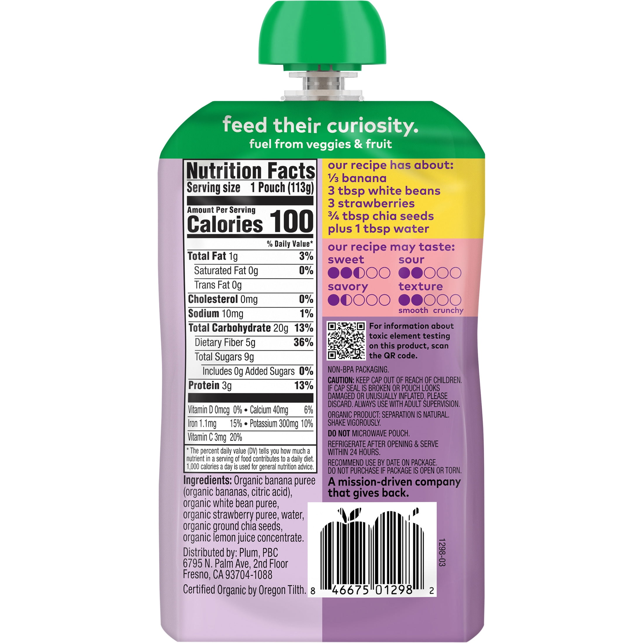 (3 pack) Plum Organics® Tots Mighty Builder Fruit & Veggie Blend Banana, White Bean, Strawberry + Chia 4oz Pouch