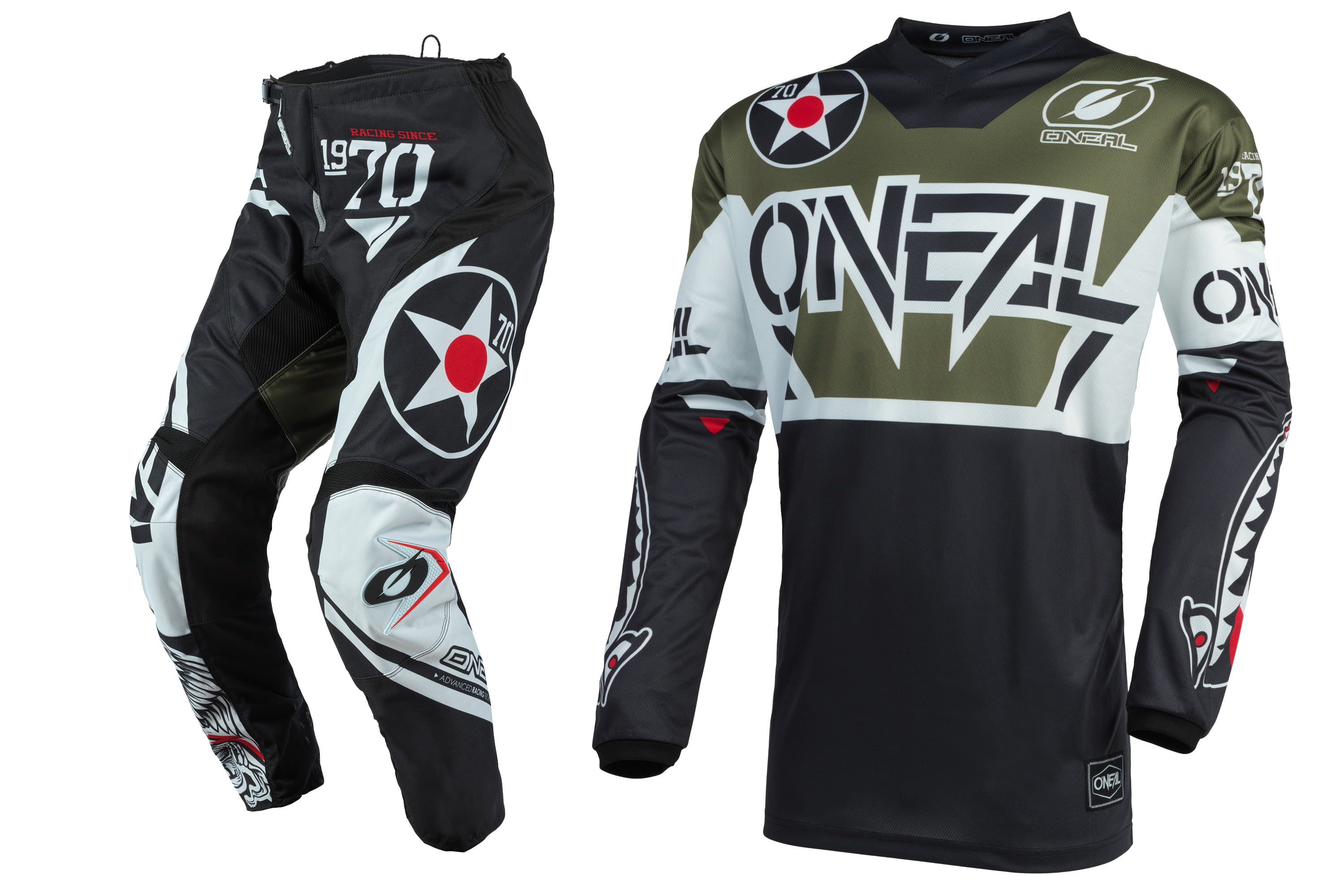 ONeal Element Warhawk Black/Gray Adult motocross MX off-road dirt bike Jersey Pants combo riding gear set Pants W34 / Jersey X-Large
