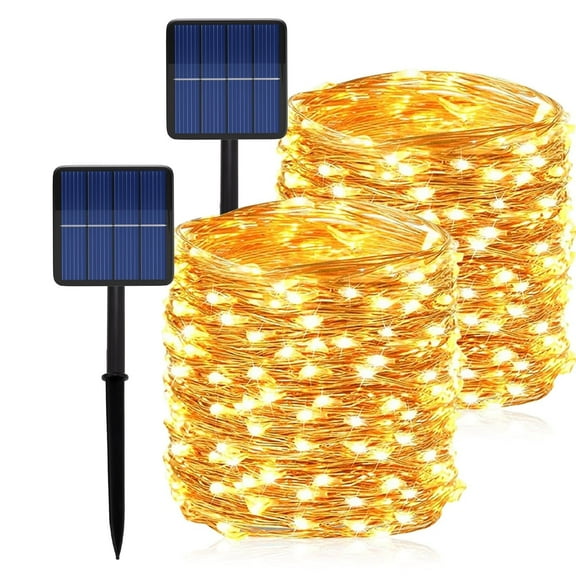 2Pack Fairy Lights Solar, 120LED Copper Wire Light String, Outdoor Waterproof 8 Modes for Patio, Party, Garden, Wedding, Christmas Decoration(Warm White)