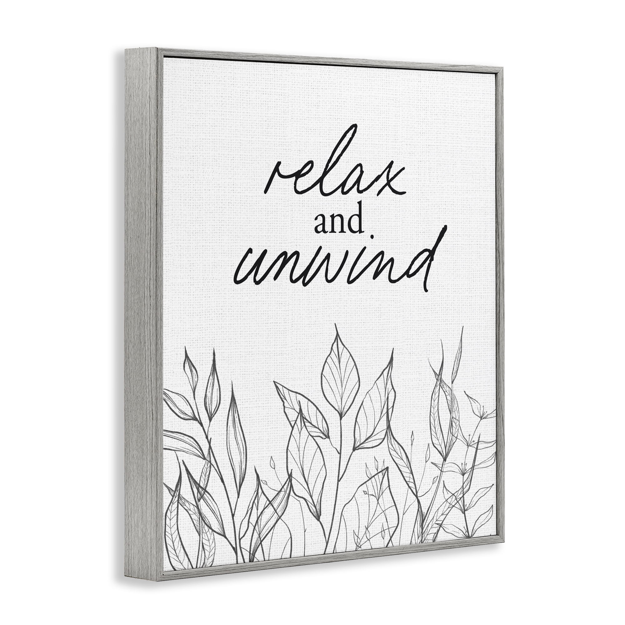 Relax Unwind Minimalist Leaves Gray Framed Giclee Art, design by Lettered and Lined