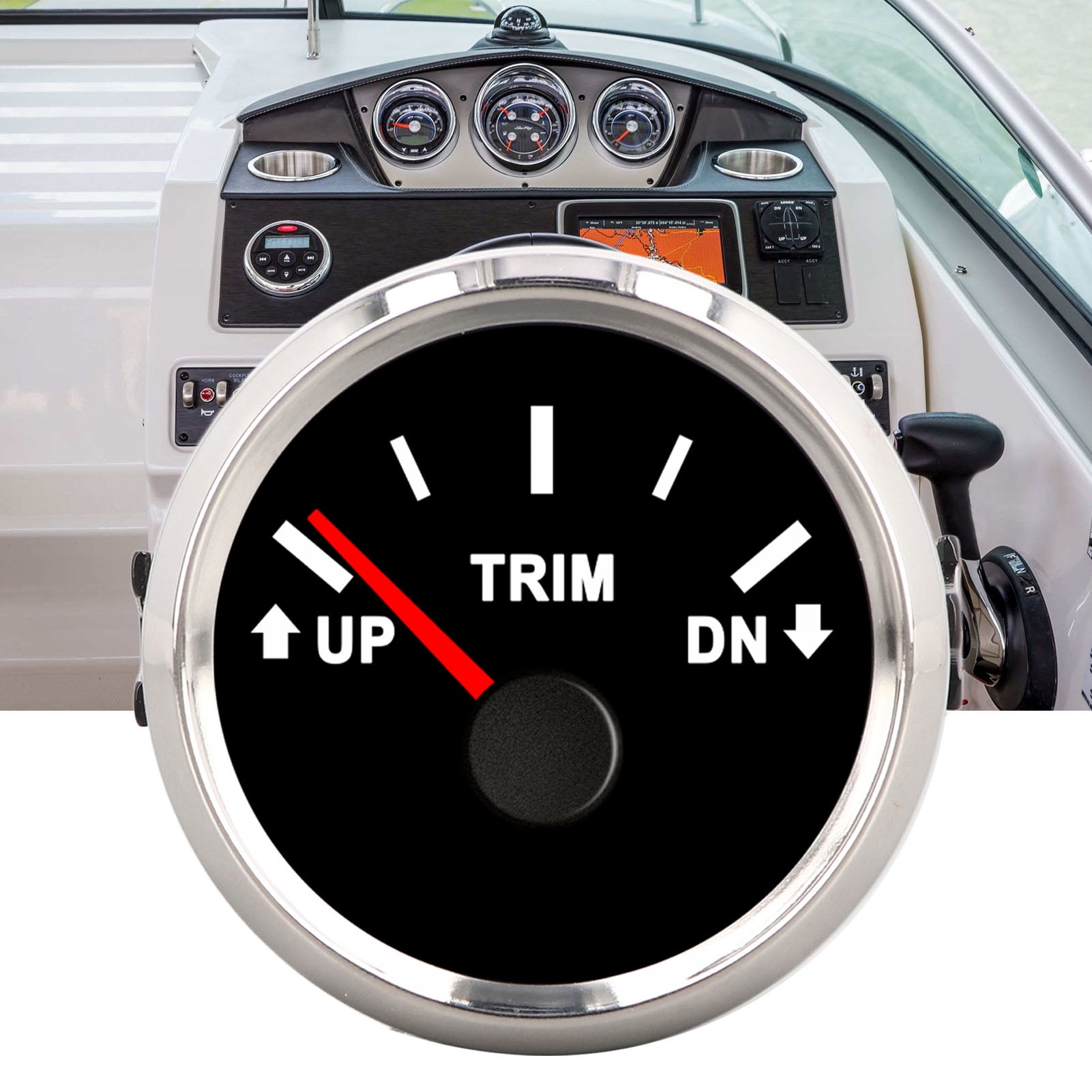 Boat Trim Tilt Gauge，52mm Marine Boat Trim Gauge UP DN IP67 Waterproof Red Backlit 0190ohm