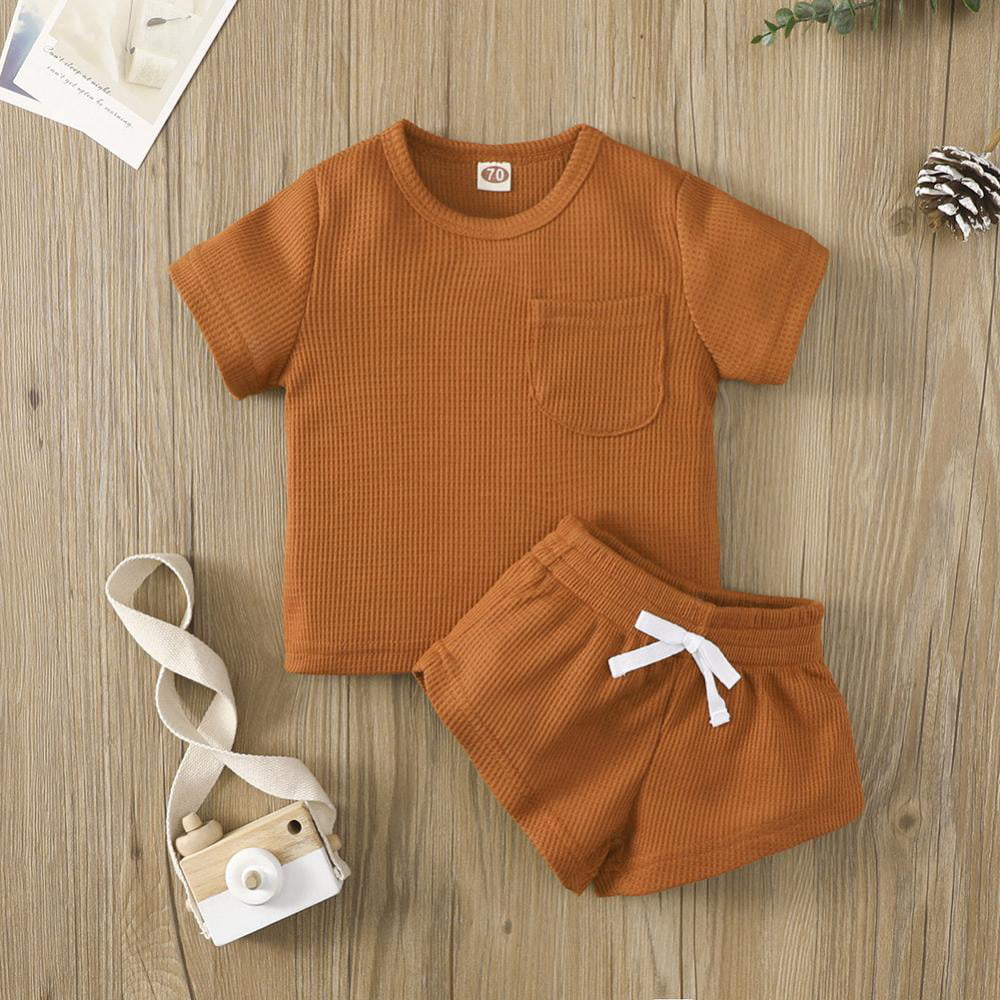 Newborn Baby Boy Girl Summer Clothes Unisex Infant Solid Ribbed Cotton Outfit Short Sleeve Pocket Tops Pants Shorts Set
