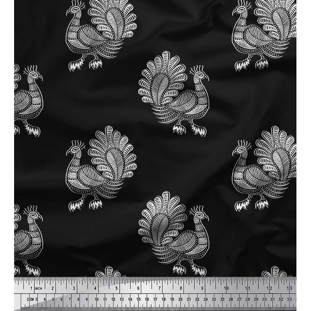 Soimoi Polyester Crepe Fabric Peacock Block Printed Fabric 1 Yard 52 Inch Wide