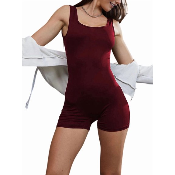 1 Piece Workout Jumpsuits for Women Backless Tummy Control Sleeveless Jumpsuits Wine Red M