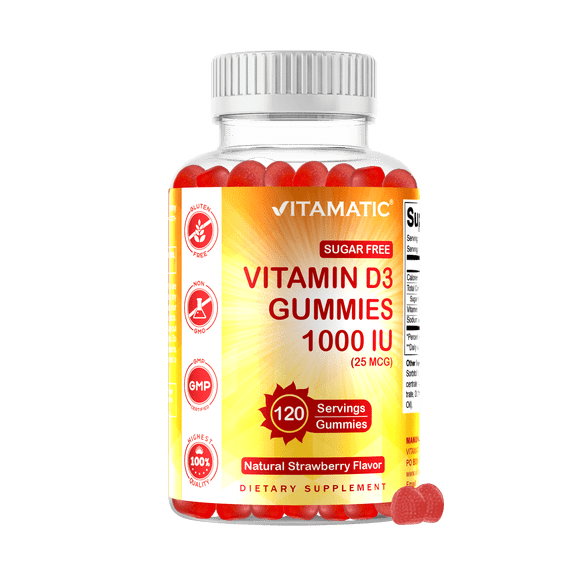 Vitamatic Sugar Free Vitamin D3 1000 IU - 120 Pectin Based Gummies - Great Taste - Healthy Bones, Mood & Immune System Function - Non-GMO - 120 Servings