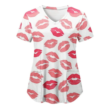 

Women Scrubs Top Working Uniform Nurses Workwear Fashion Casual V-Neck Valentine s Day Love Heart Printed Short Sleeve Protective Clothing Graphic Tees