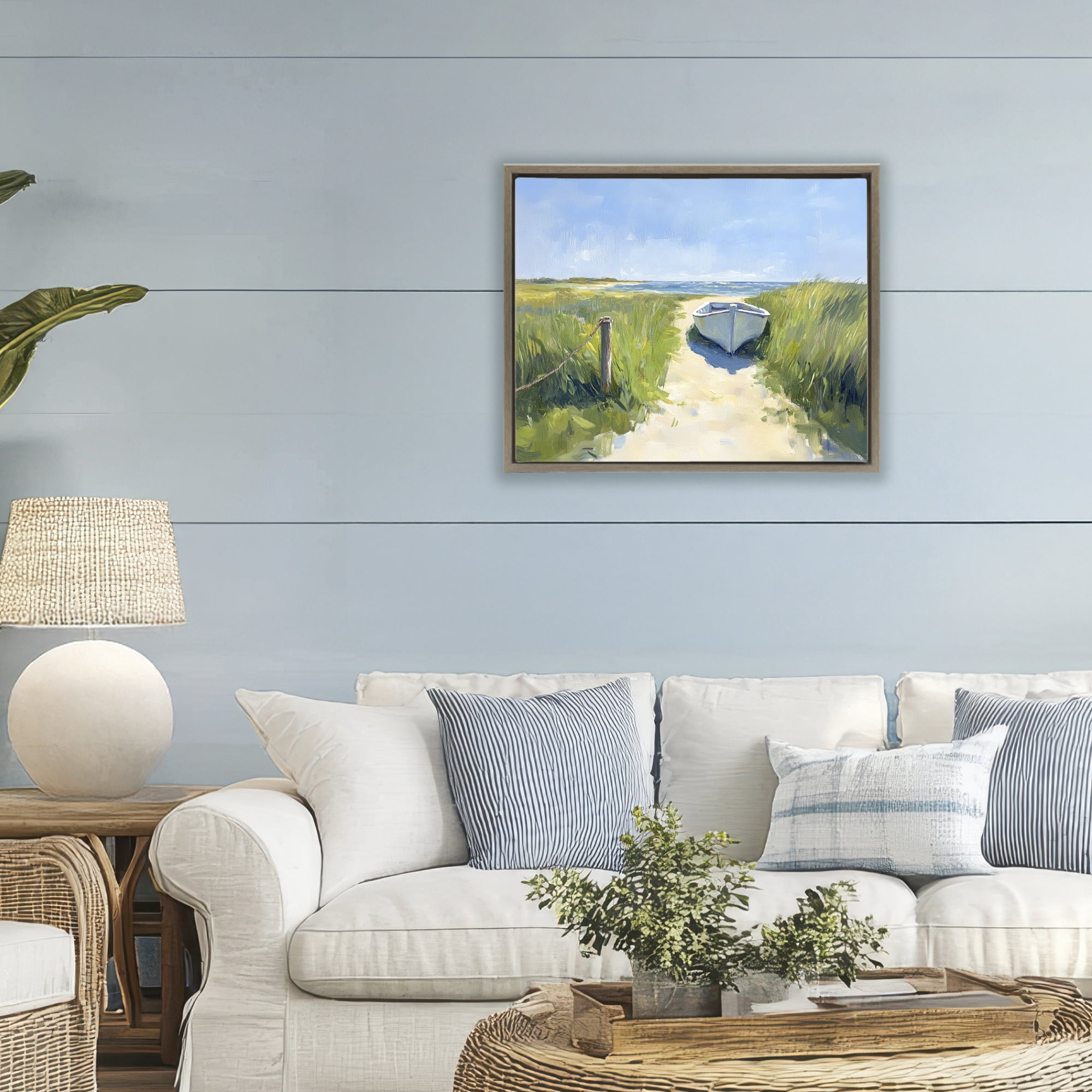 Stupell Industries Moored Boat on Path Brown Framed Floater Canvas Wall Art, design by Sisi and Seb
