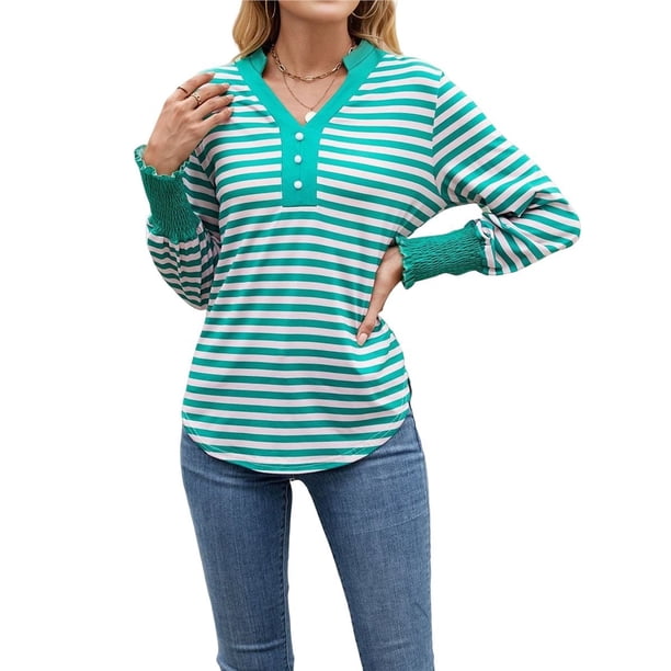 Sudadera de Rayas de Gran Tamaño para Mujer, Camisa de Larga de Algodón, Corte Holgado, Estilo Henley Verde M