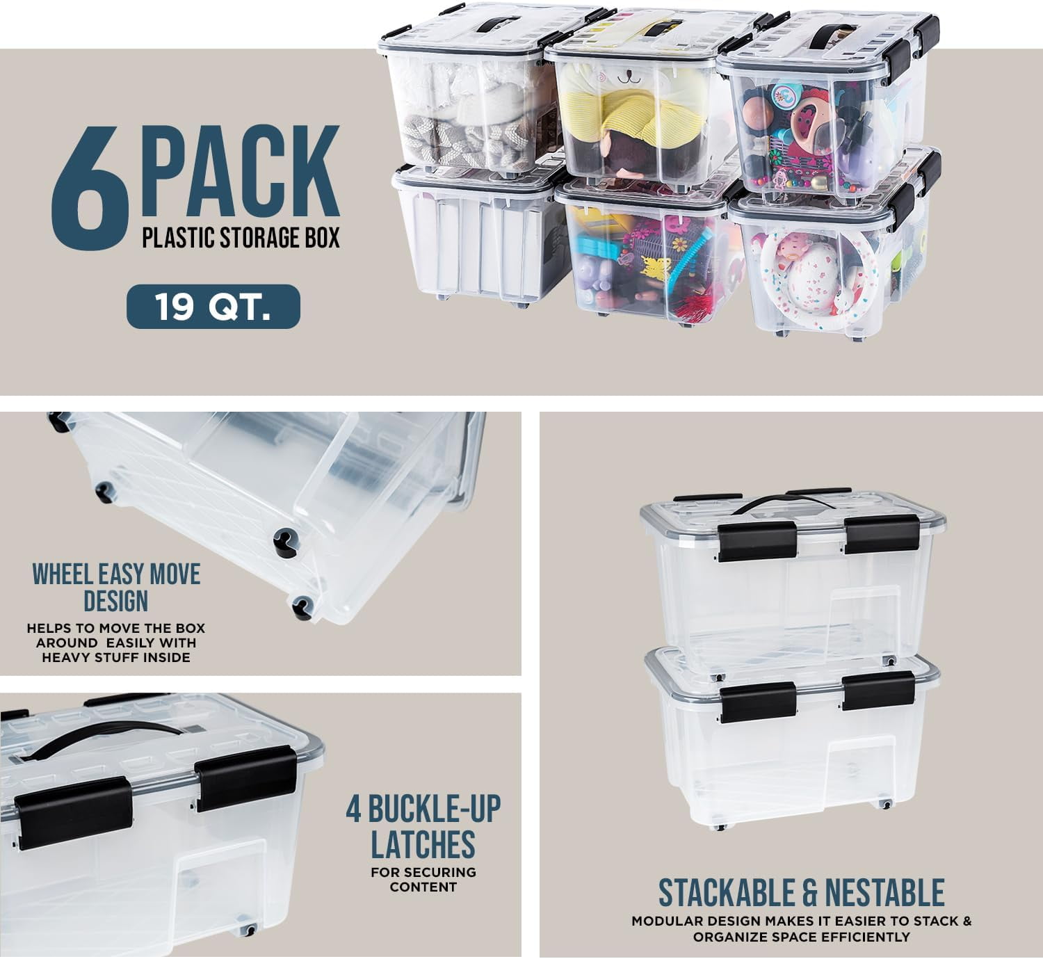 Stackable Storage Boxes - Clear Plastic, Black Seal, Modular Design 19 Quarts