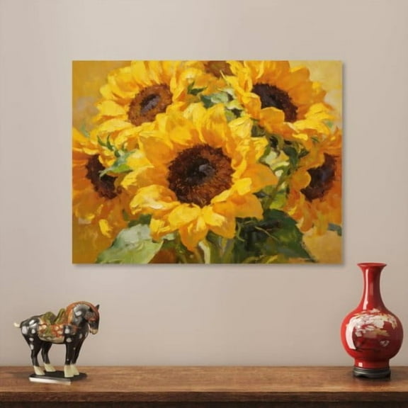 Hidden Frame Canvas Wall Art - Healing Sunny Sunflower Bouquet Oil Painting Style Popular Cozy Wall Decor for Living Room & Bedroom 16x12in