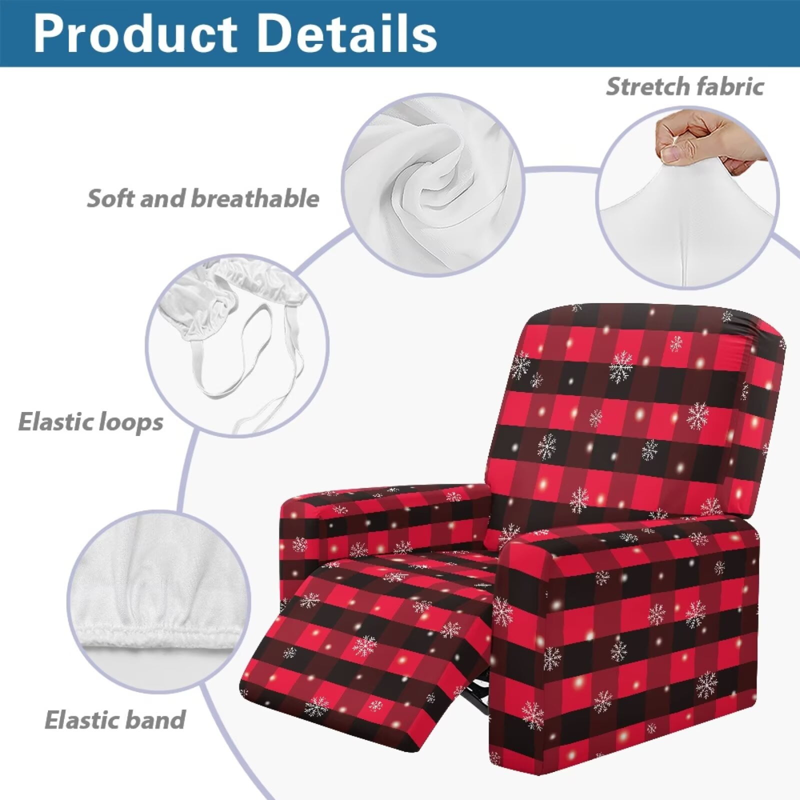 Yuyamidu Christmas Print Reclining Chair Covers 4 Pieces Comfortable Recliner Sofa Slipcovers with Pocket Replacement Lazyboy Cover for Recliner Chair Gift for Housewarming