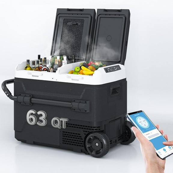 TABU 63QT(60L) Electric Cooler,12V Portable Car Refrigerator with Dual Zone,Independent Temperature Control,Black