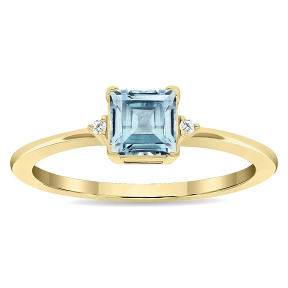 SZUL Women's Square Shaped Aquamarine and Diamond Classic Band in 10K Yellow Gold