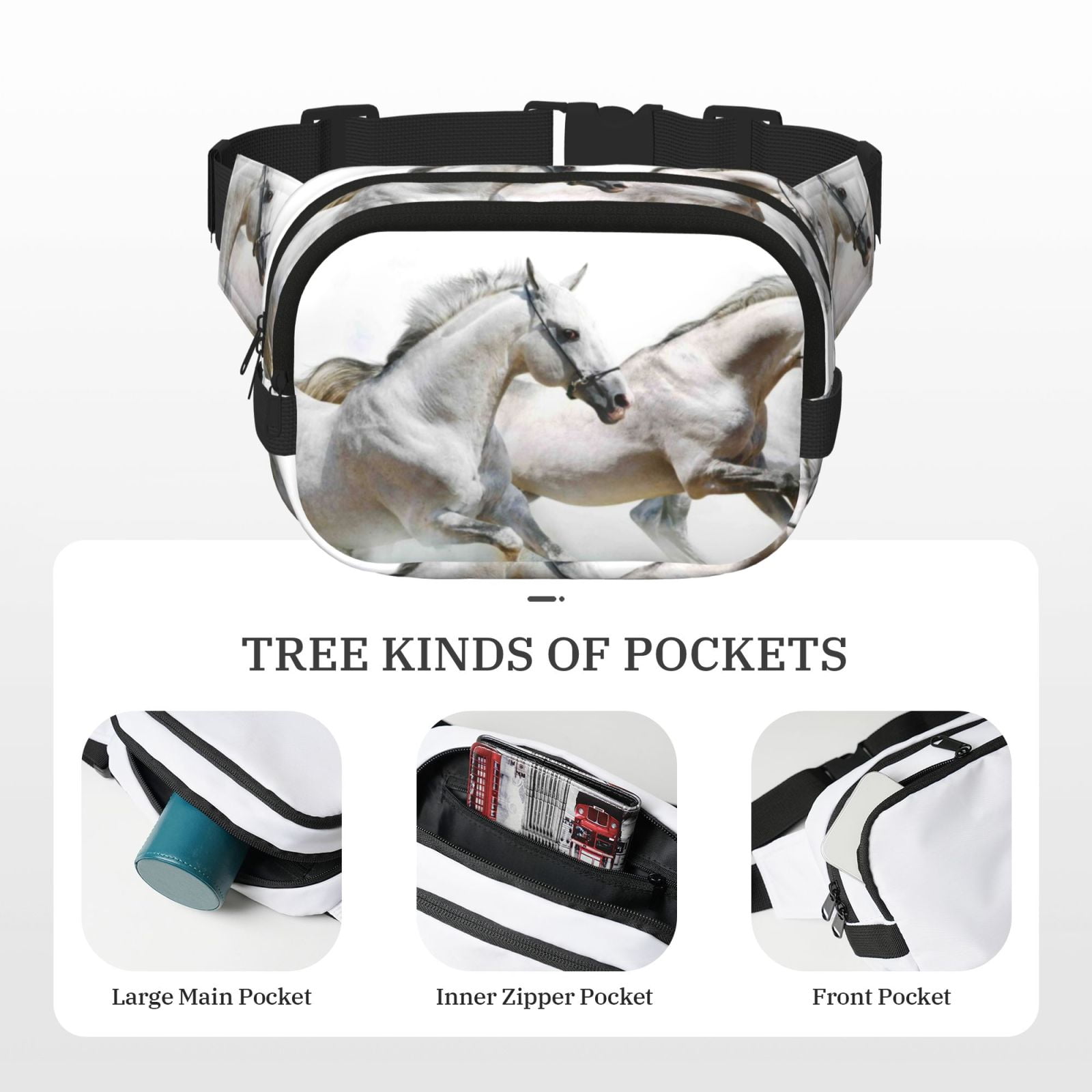 Picia Running White Horses Print Square Double-Layer Waist Bag Mini Adjustable Waist Belt Bag Exercise Running Travel Hiking