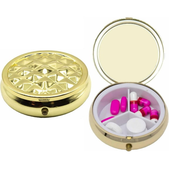 Set of 2 Circular Embossed Triple-Compartment Pocket Purse Pill Box & Organizer (Gold Ridge)
