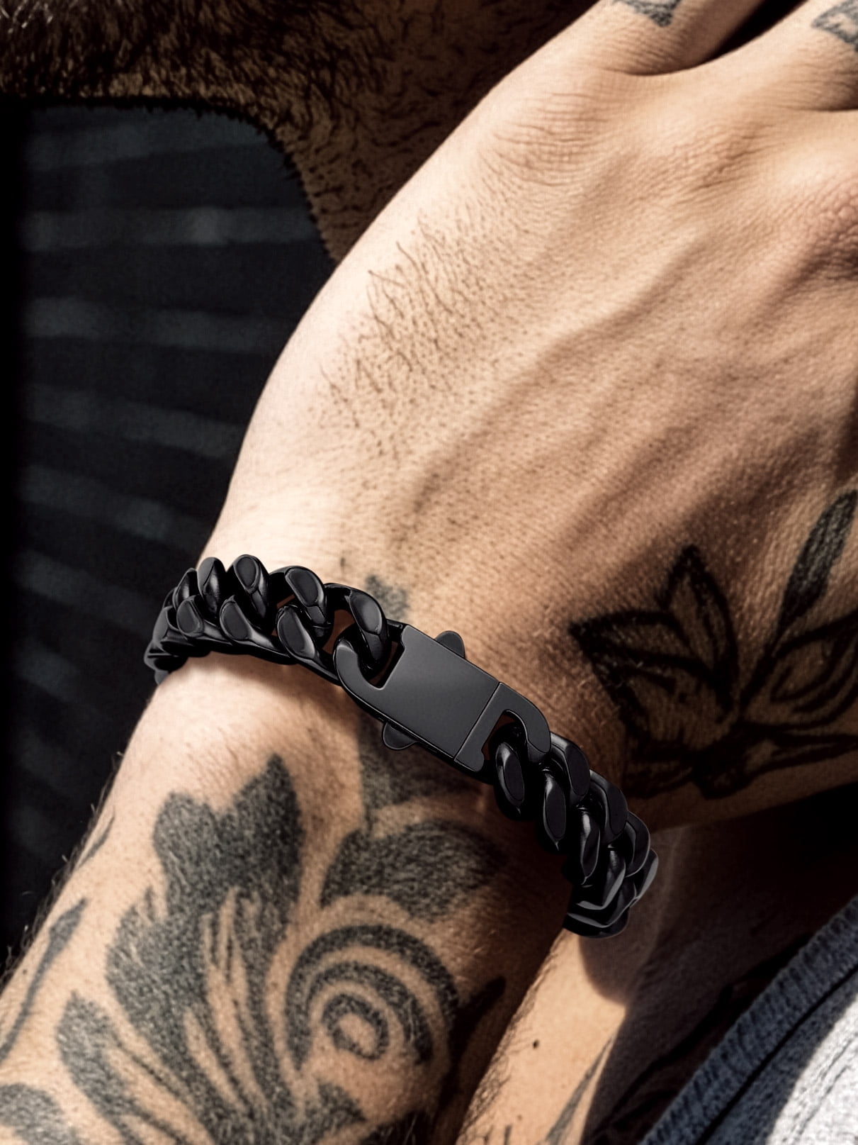 Bandmax 12MM Wide Black Cuban Chain Bracelet for Men Women Father's Day Gift for Son Dad Husband Stainless Steel Hip Hop Biker Wristlet Anklet Chain Jewelry