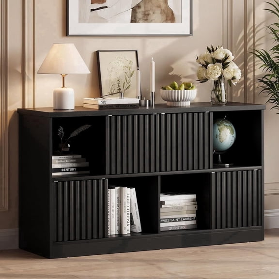 Laisnet 8 Cube Storage Organizer with Sliding Doors, Wooden Bookcase Cabinet for Living Room Office, White