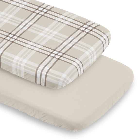 Sweet Jojo Designs Gingham Taupe Plaid Boy, Girl, Unisex/Gender Neutral Baby Bassinet Fitted Sheets Set 2 Piece