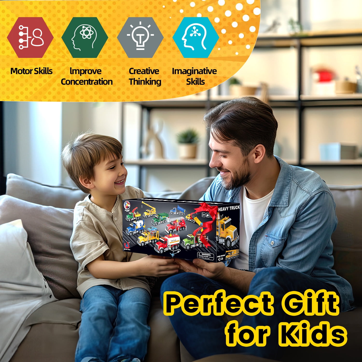 JoyStone Kids Garbage Truck Toy, Friction Powered Recycling Truck with Lights & Sounds, Lift & Rotating Trash Bin Function, 3 Trash Bins, Interactive Toy for 3-8 Years Old