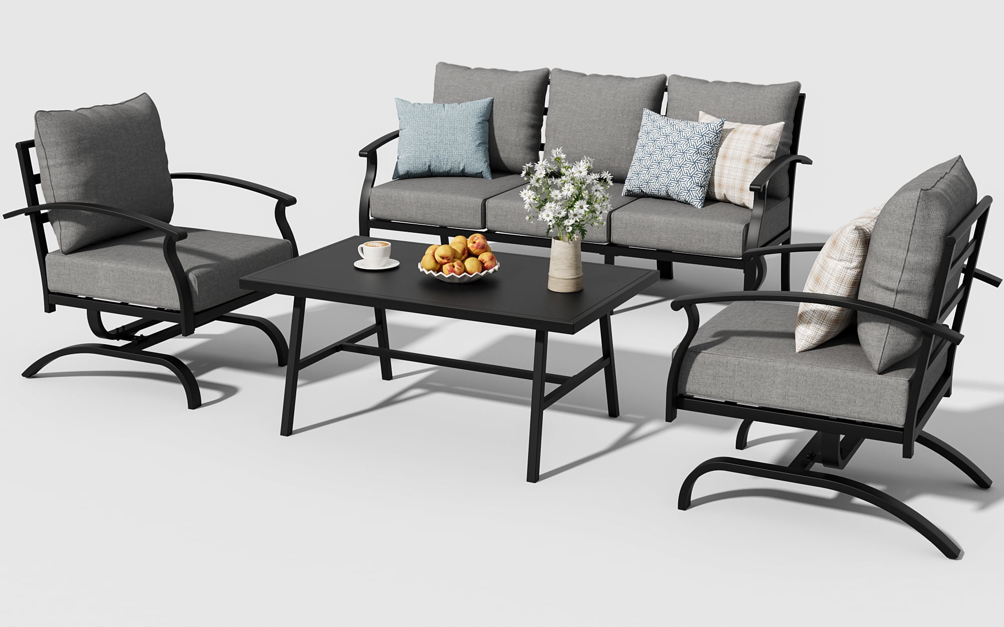 ALAULM 4 Piece Patio Furniture Set,Outdoor Metal Patio Furniture with Coffee Table & Rocking Chairs Conversation Set for Porch,Backyard,Poolside, Garden-Grey
