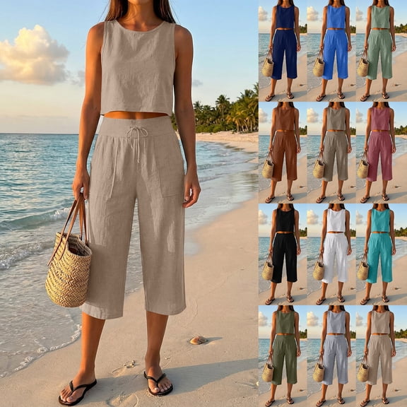 Women's 2-Piece Linen-Look Lounge Set, Sleeveless Crop Top with High Waist Drawstring Capri Pants, Summer Casual Beach Vacation Outfit Army Green L